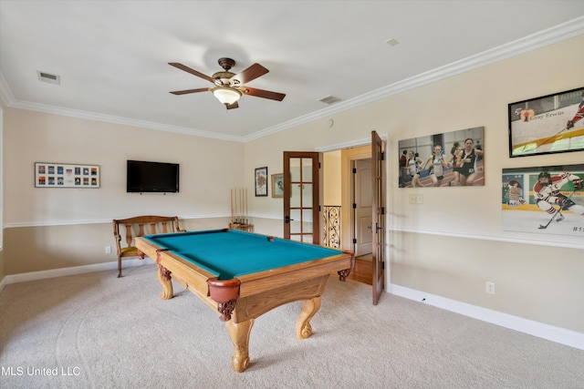 4666 Eiffel Ln, Nesbit, MS 38651 - recreation room featuring carpet flooring, ornamental molding, billiards table, a ceiling fan, and baseboards