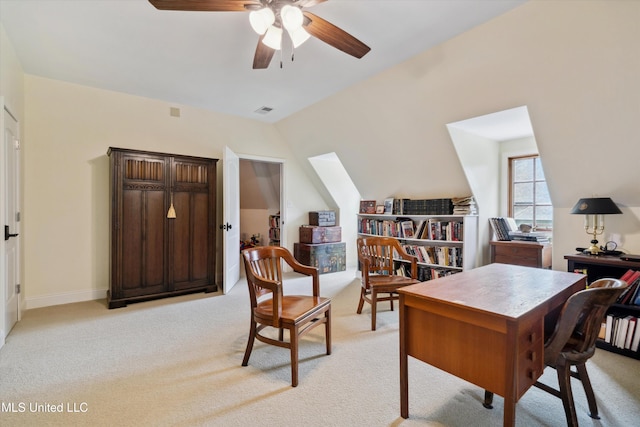 4666 Eiffel Ln, Nesbit, MS 38651 - office area featuring ceiling fan, light colored carpet, and lofted ceiling