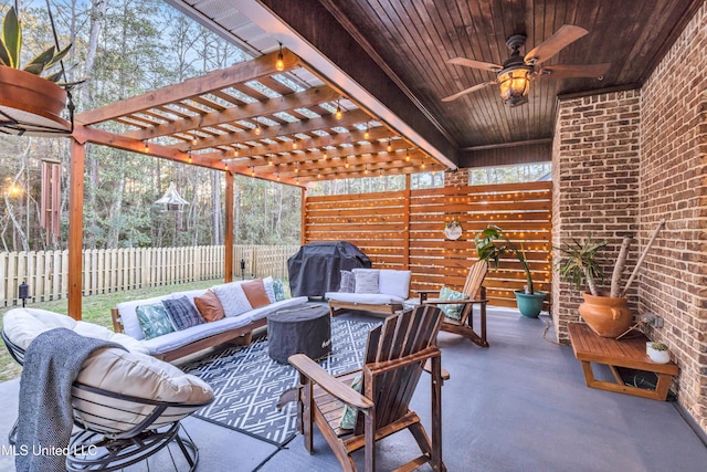 view of patio with a pergola, grilling area, an outdoor living space, and ceiling fan