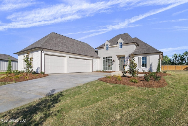 french country style house featuring a front lawn and a garage