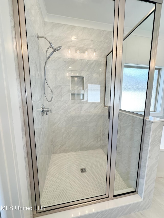 full bathroom featuring ornamental molding and a shower stall