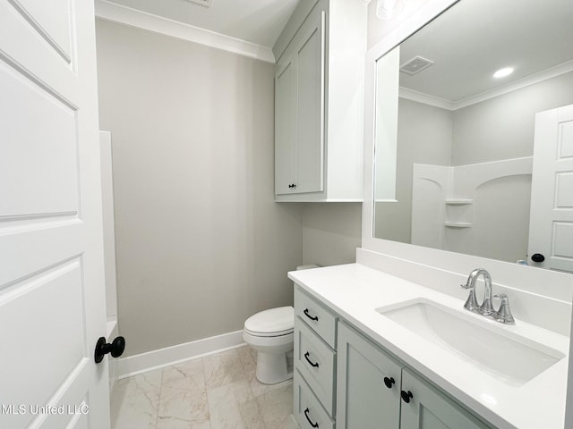 bathroom featuring baseboards, visible vents, toilet, marble finish floor, and crown molding