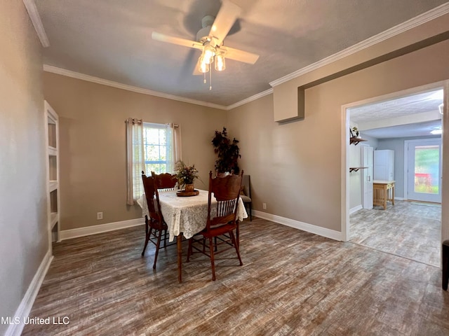 dining space with dark hardwood / wood-style flooring, ceiling fan, and ornamental molding