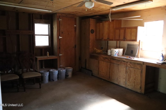 kitchen featuring wooden walls and ceiling fan