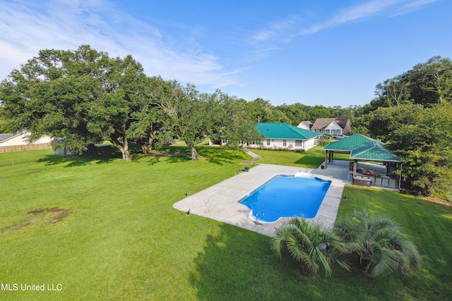 view of pool featuring a gazebo, a yard, and a patio area