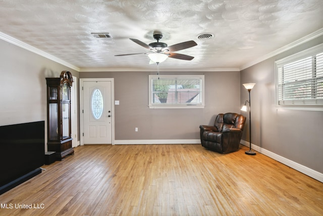 foyer featuring light hardwood / wood-style floors, ornamental molding, and plenty of natural light