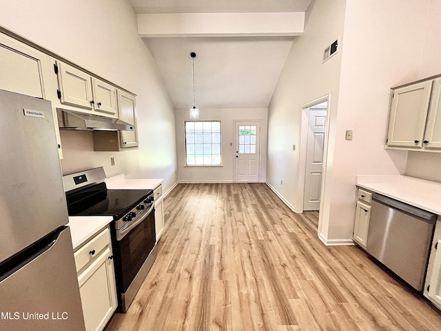 7164 Kimlee Cv, Southaven, MS 38671 - kitchen featuring appliances with stainless steel finishes, under cabinet range hood, beam ceiling, baseboards, and light countertops
