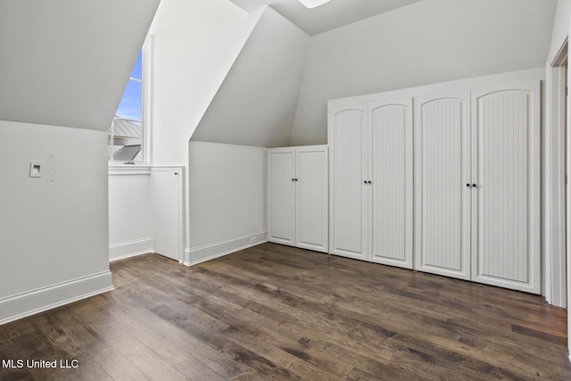 additional living space featuring dark hardwood / wood-style floors and lofted ceiling