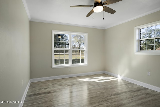 empty room featuring ceiling fan, plenty of natural light, and crown molding