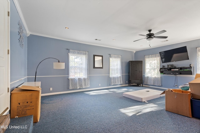 carpeted living room with ceiling fan and ornamental molding