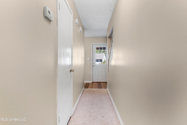 hall featuring light carpet and a textured ceiling