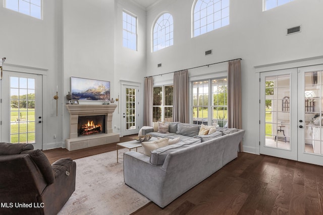 1053 Woodbridge Dr, Brandon, MS 39047 - living area featuring a towering ceiling, french doors, wood finished floors, a warm lit fireplace, and plenty of natural light