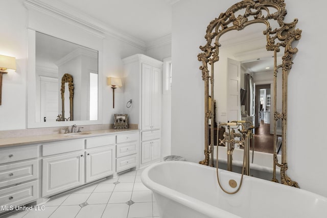 1053 Woodbridge Dr, Brandon, MS 39047 - full bathroom featuring a freestanding bath, vanity, crown molding, and healthy amount of natural light