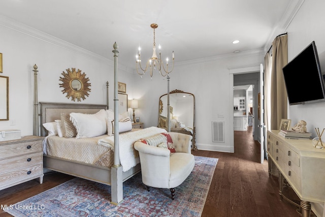 1053 Woodbridge Dr, Brandon, MS 39047 - bedroom with a chandelier, dark wood-style floors, ornamental molding, baseboards, and recessed lighting