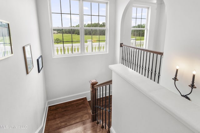 1053 Woodbridge Dr, Brandon, MS 39047 - stairway featuring wood finished floors, baseboards, and arched walkways