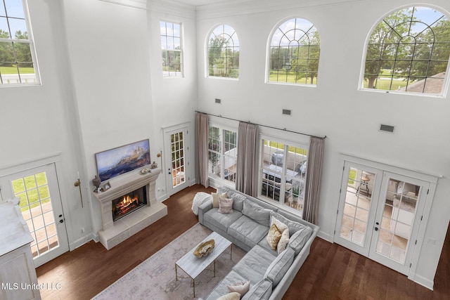 1053 Woodbridge Dr, Brandon, MS 39047 - living room featuring a towering ceiling, a warm lit fireplace, french doors, wood finished floors, and healthy amount of natural light