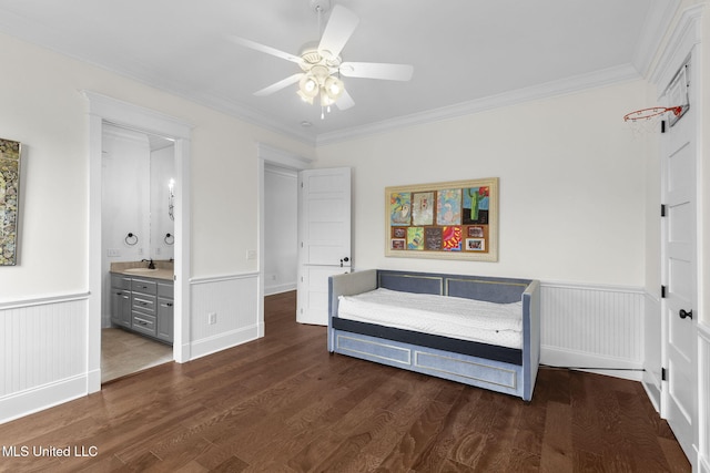 1053 Woodbridge Dr, Brandon, MS 39047 - bedroom featuring a sink, a wainscoted wall, ornamental molding, wood finished floors, and ensuite bath