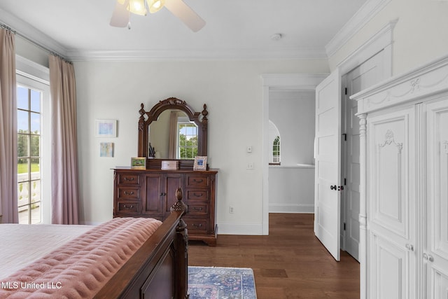 1053 Woodbridge Dr, Brandon, MS 39047 - bedroom with crown molding, dark wood-type flooring, baseboards, a ceiling fan, and access to outside
