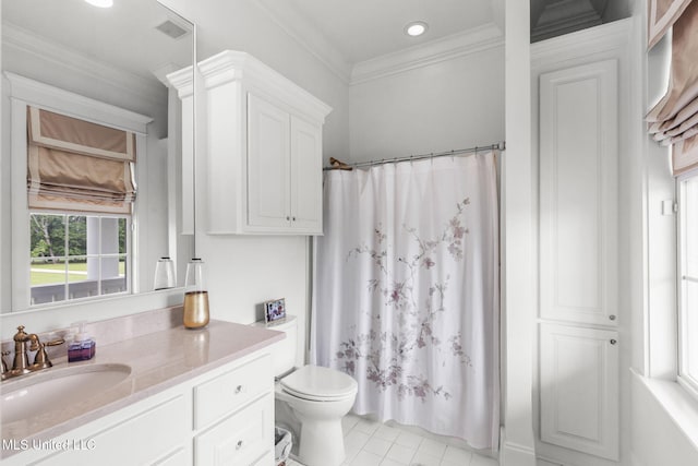 1053 Woodbridge Dr, Brandon, MS 39047 - bathroom with vanity, toilet, ornamental molding, tile patterned flooring, and recessed lighting