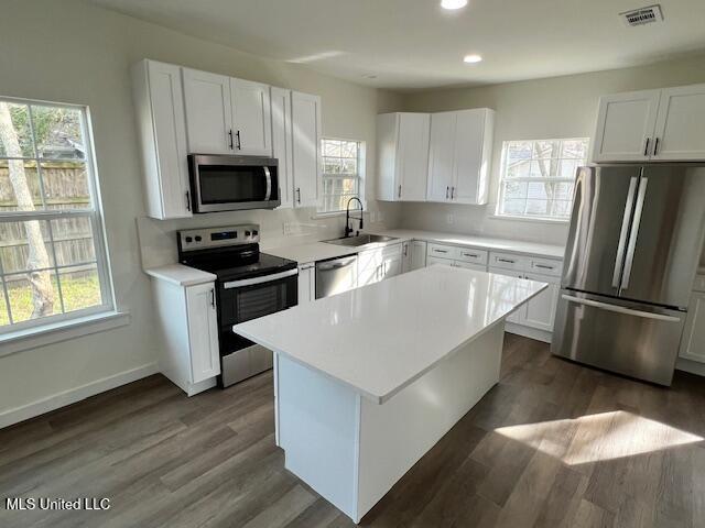 kitchen featuring stainless steel appliances, a center island, and white cabinets