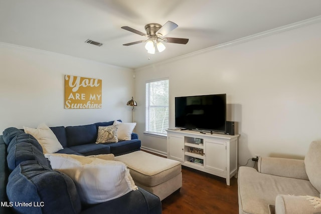 living room with crown molding, visible vents, ceiling fan, and dark wood-style flooring