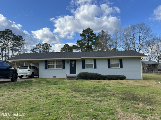 ranch-style home featuring an attached carport, crawl space, brick siding, and a front yard