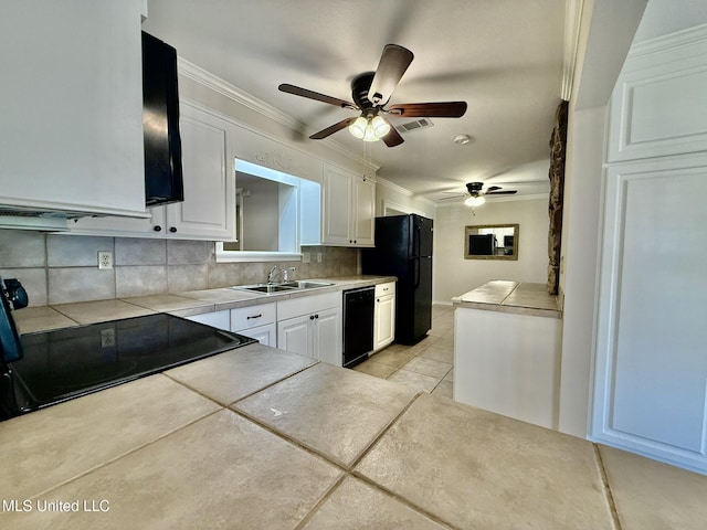 kitchen with white cabinetry, black appliances, crown molding, and ceiling fan