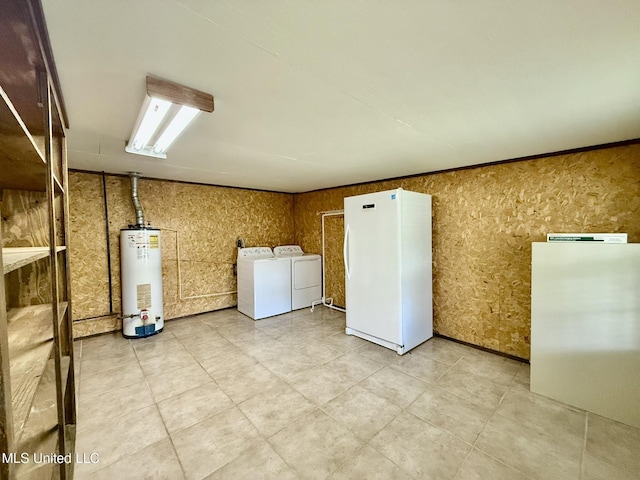 interior space featuring gas water heater, separate washer and dryer, and freestanding refrigerator