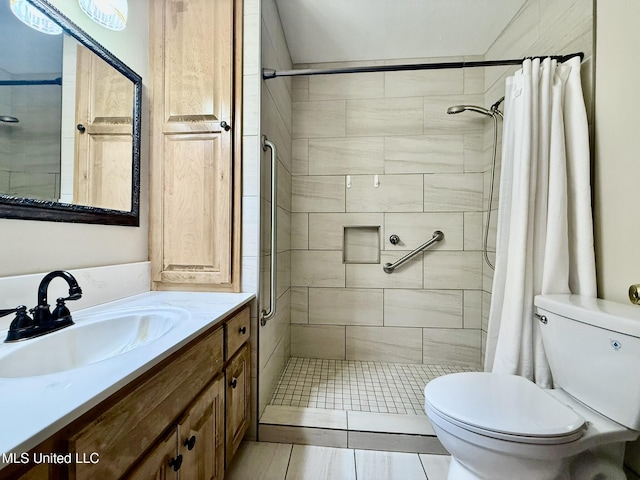 bathroom featuring vanity, toilet, and a shower stall