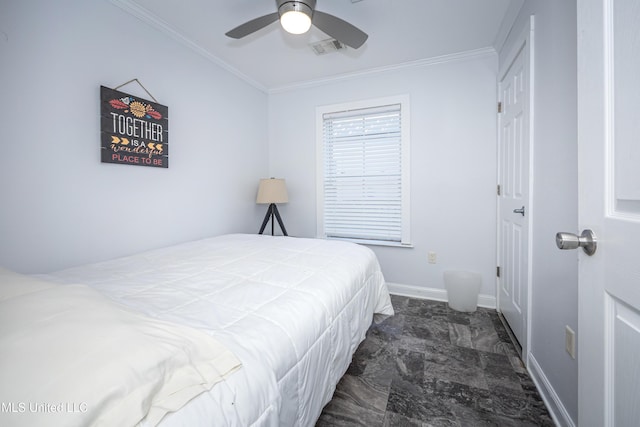 bedroom featuring ceiling fan and ornamental molding