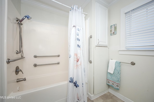 bathroom featuring crown molding, tile patterned flooring, and shower / bath combo with shower curtain