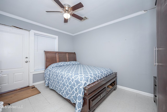 bedroom with ceiling fan and ornamental molding