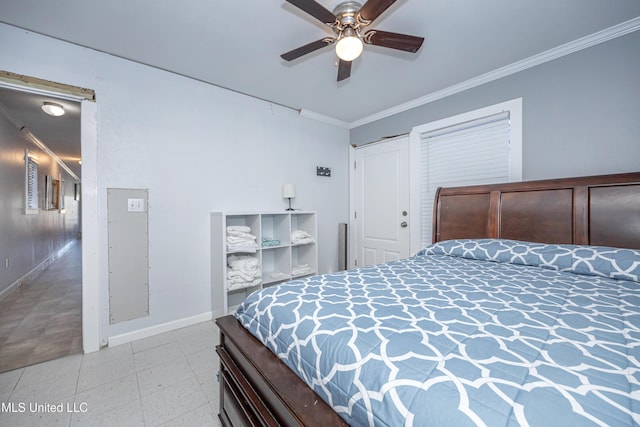 bedroom with ceiling fan and ornamental molding