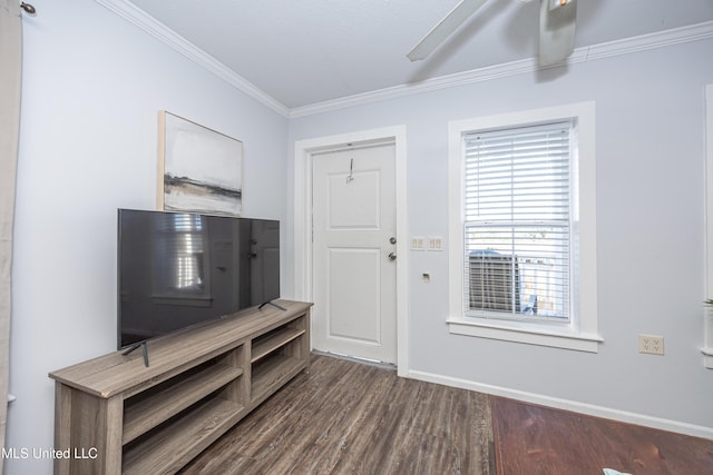 foyer featuring ceiling fan, dark hardwood / wood-style floors, and crown molding