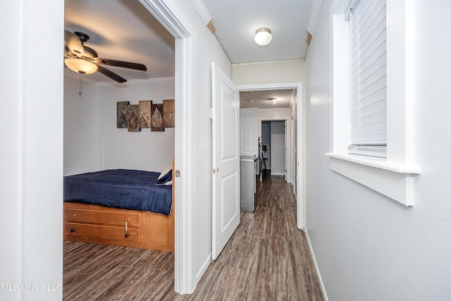 hall featuring dark hardwood / wood-style floors and ornamental molding