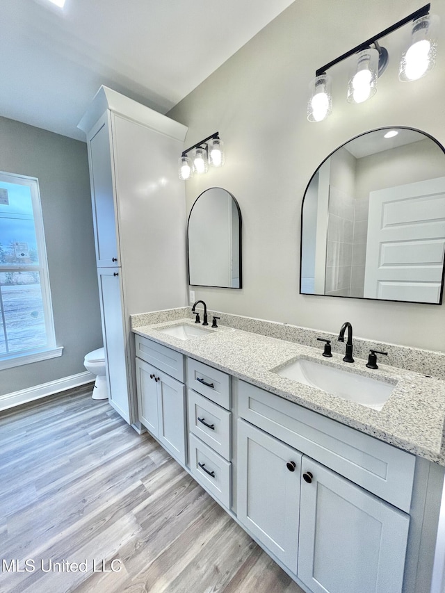 bathroom with wood-type flooring, toilet, and vanity