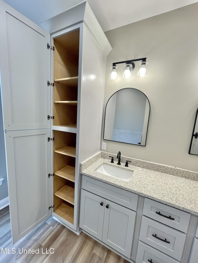 bathroom with vanity and wood-type flooring