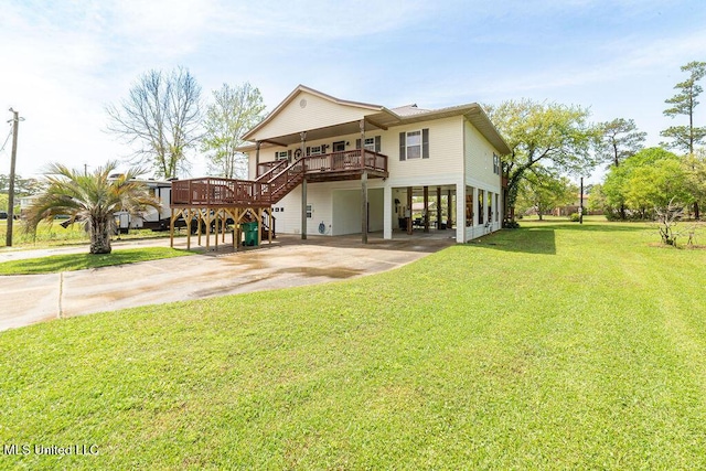 16063 W Daytona Dr, Pearlington, MS 39572 - rear view of property with driveway, stairs, a lawn, and a carport