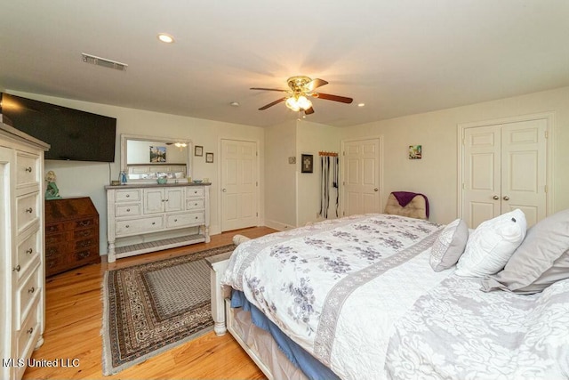 16063 W Daytona Dr, Pearlington, MS 39572 - bedroom with recessed lighting, ceiling fan, visible vents, and light wood-style floors
