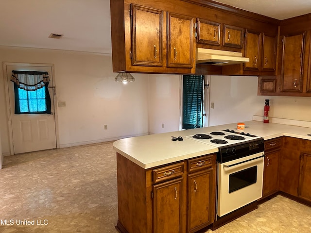 kitchen featuring white electric range oven and kitchen peninsula