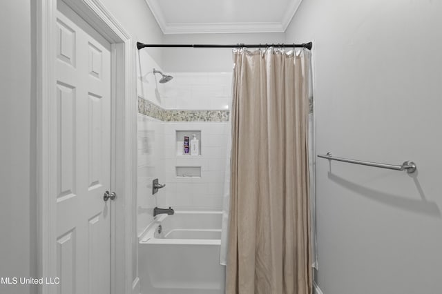 full bathroom with shower / bath combo and crown molding