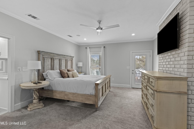 bedroom with crown molding, access to outside, visible vents, and light colored carpet