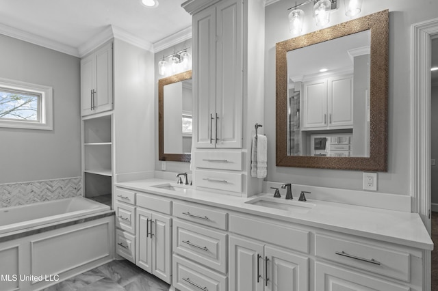 full bath featuring ornamental molding, marble finish floor, a sink, and double vanity