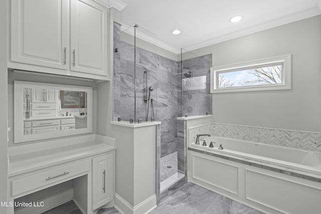 bathroom with marble finish floor, a marble finish shower, recessed lighting, ornamental molding, and a bath