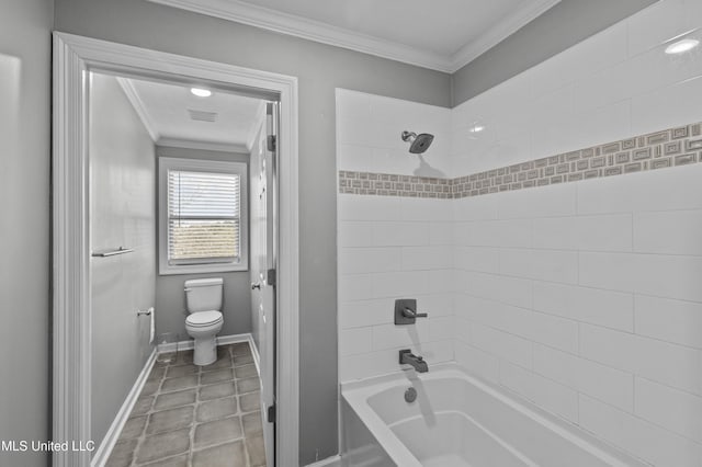 full bathroom with toilet, visible vents, baseboards, ornamental molding, and shower / washtub combination