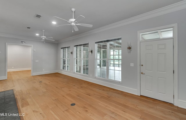 121 Poplar Ridge Dr, Brandon, MS 39047 - entrance foyer with crown molding, light wood-style flooring, ceiling fan, baseboards, and recessed lighting