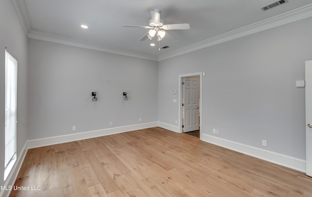 121 Poplar Ridge Dr, Brandon, MS 39047 - empty room featuring ceiling fan, plenty of natural light, crown molding, baseboards, and light wood-style flooring