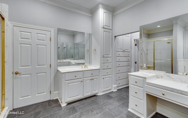 121 Poplar Ridge Dr, Brandon, MS 39047 - full bathroom featuring crown molding, a stall shower, and vanity