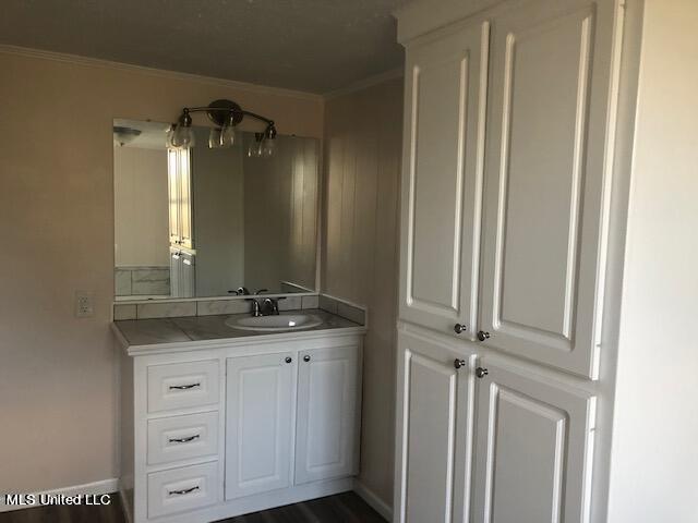 bathroom featuring vanity, wood-type flooring, and ornamental molding