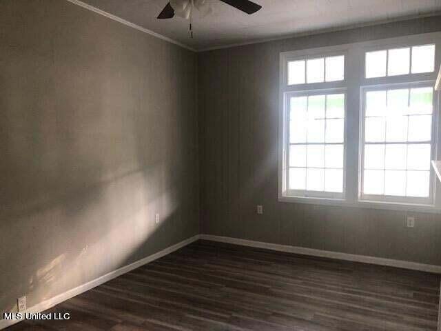 spare room with ceiling fan, dark hardwood / wood-style flooring, and ornamental molding